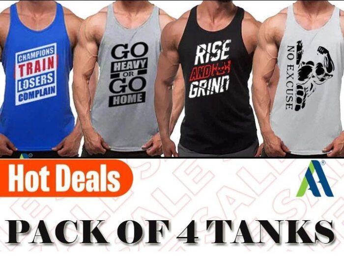 Men's Stitched Gym Tanks - Pack of 4 | Dri Fit | Printed | Multi-Color - Image 2