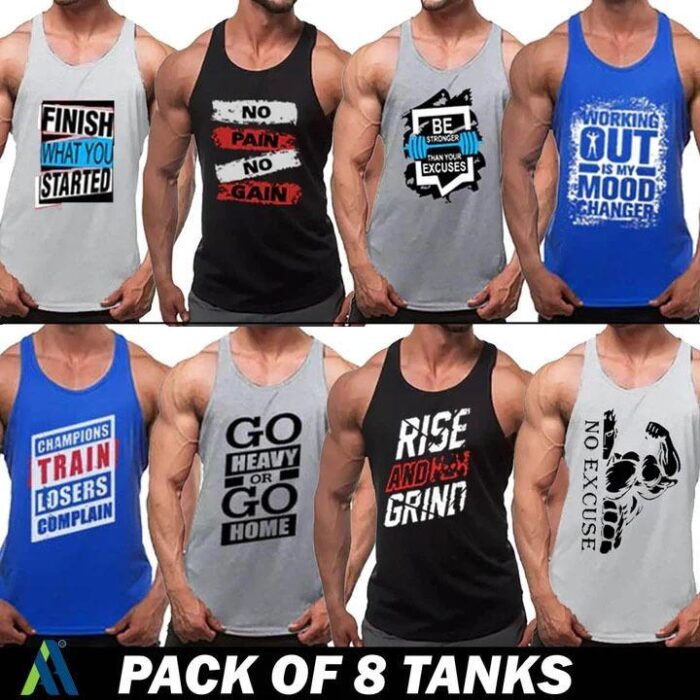 Men's Dri Fit Gym Tank Tops - Pack of 8 (White, Black, Grey, Blue)