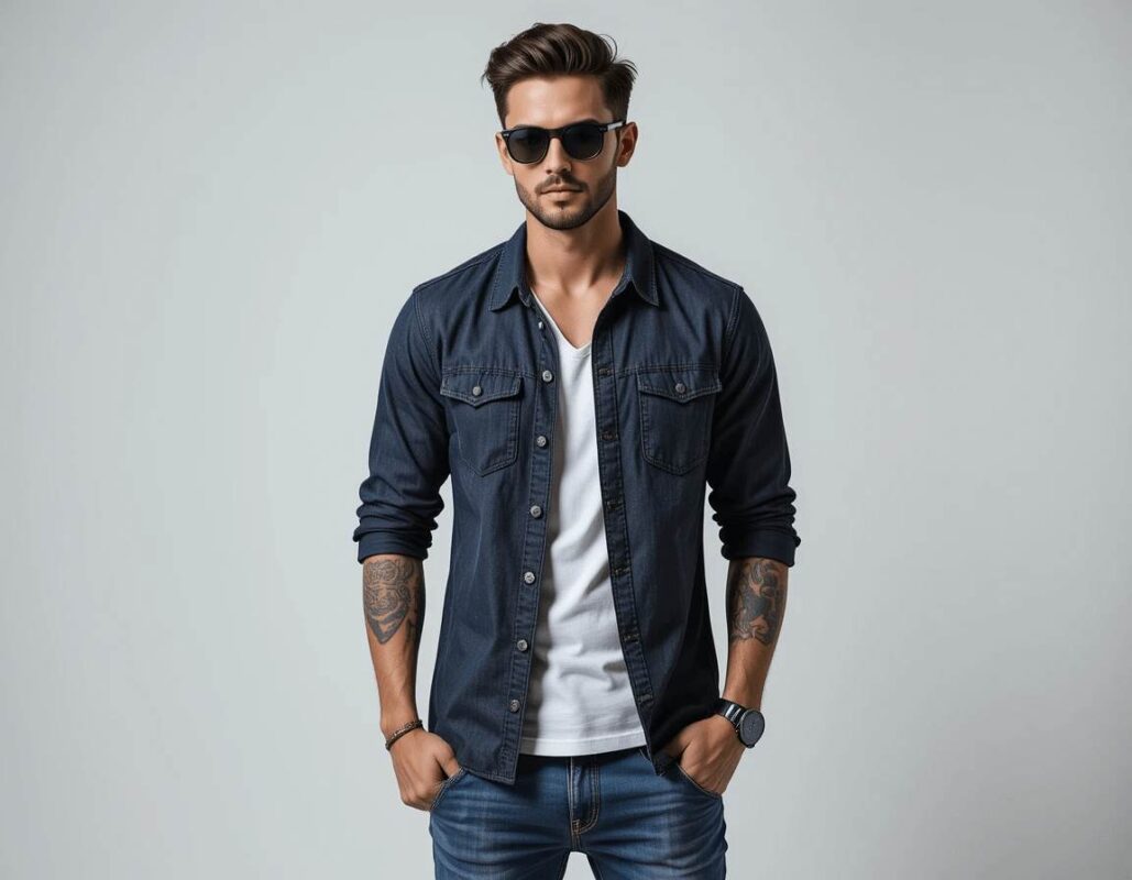 Stylish men's stitched clothing, shirts, trousers, and fashion accessories neatly arranged on a white background