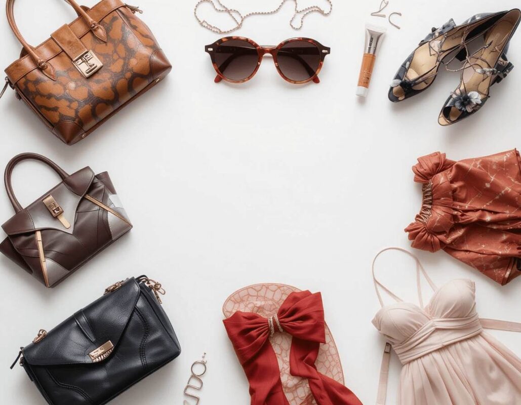 Elegant women's stitched suits, handbags, and traditional accessories displayed in a fashionable layout with light background