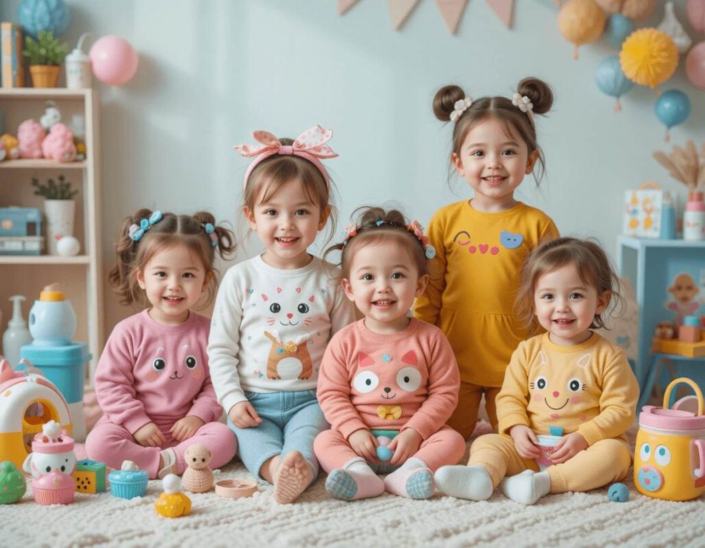 Colorful kids clothing, backpacks, baby care items, and toys arranged neatly with no people, white ecommerce-style background