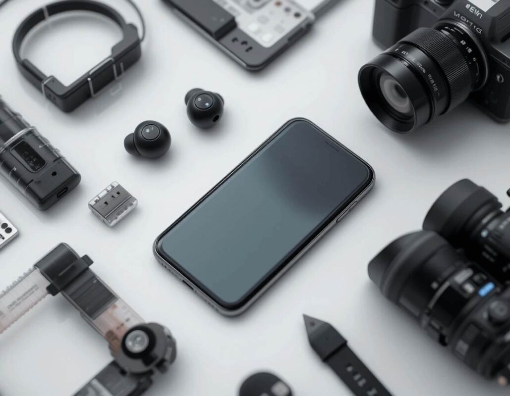 Assorted electronic gadgets including smart watches, earbuds, mini cameras, and tech accessories on a clean background