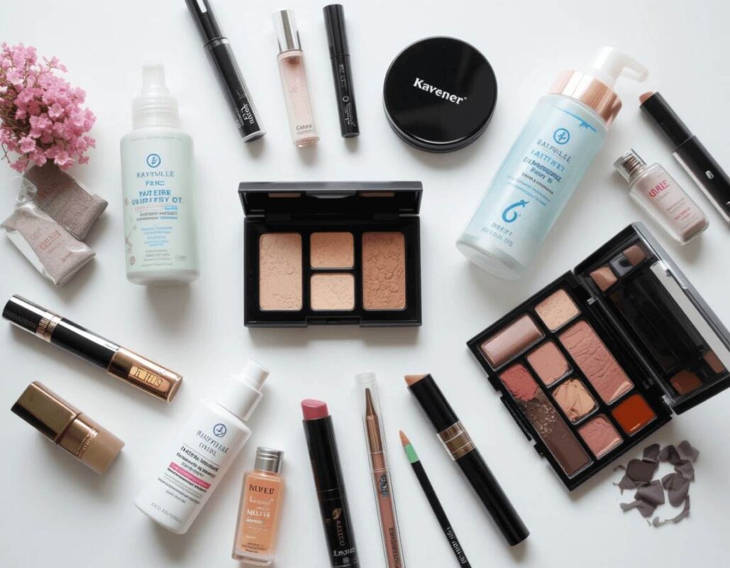 Makeup kits, lip gloss sets, skincare items, and personal care products with clean layout and glowing DEAL or SAVE icons
