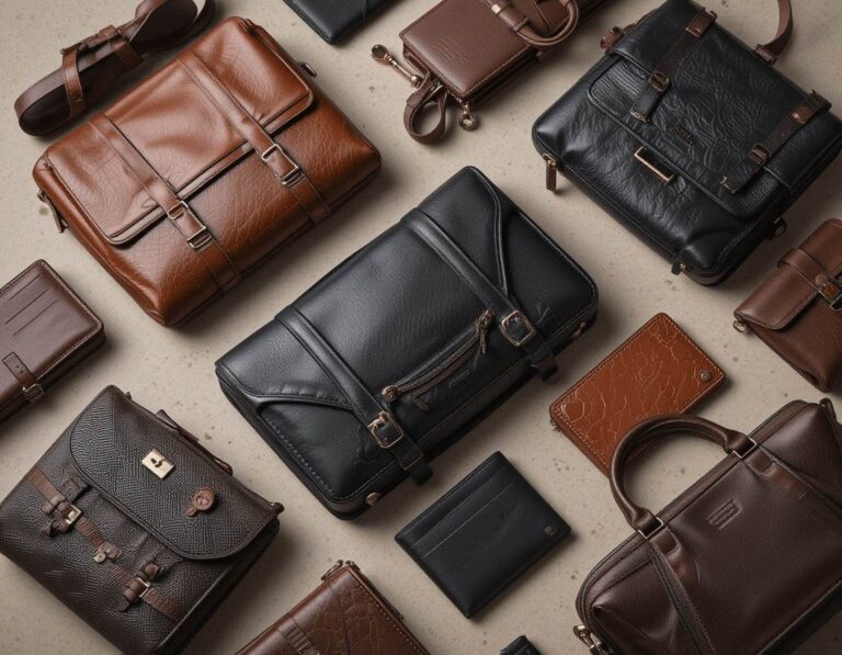 Variety of handbags, crossbody bags, and men's leather wallets arranged neatly with pricing tags and minimal background