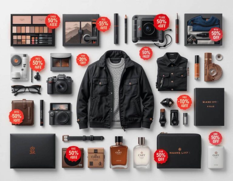 Collage of combo deals including makeup kits, watches, clothing bundles, and electronics, with bold discount badges and slash prices
