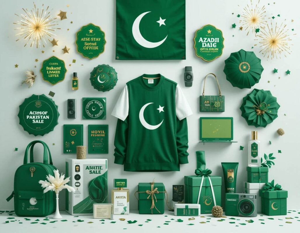 Green and white themed Pakistani items including badges, flags, shirts, and special deals highlighted with Independence Day decor