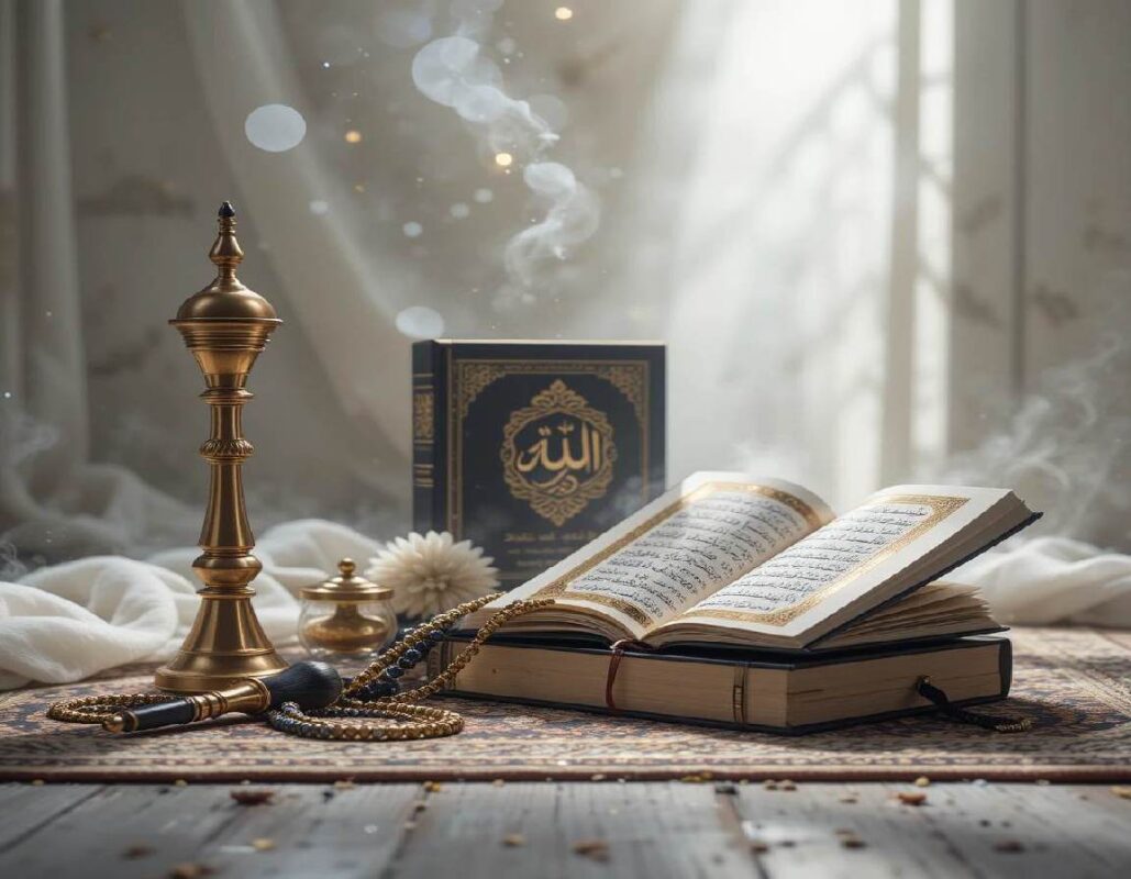 Islamic products including tasbeeh, wall calligraphy, prayer mats, and spiritual accessories neatly displayed with a soft white background