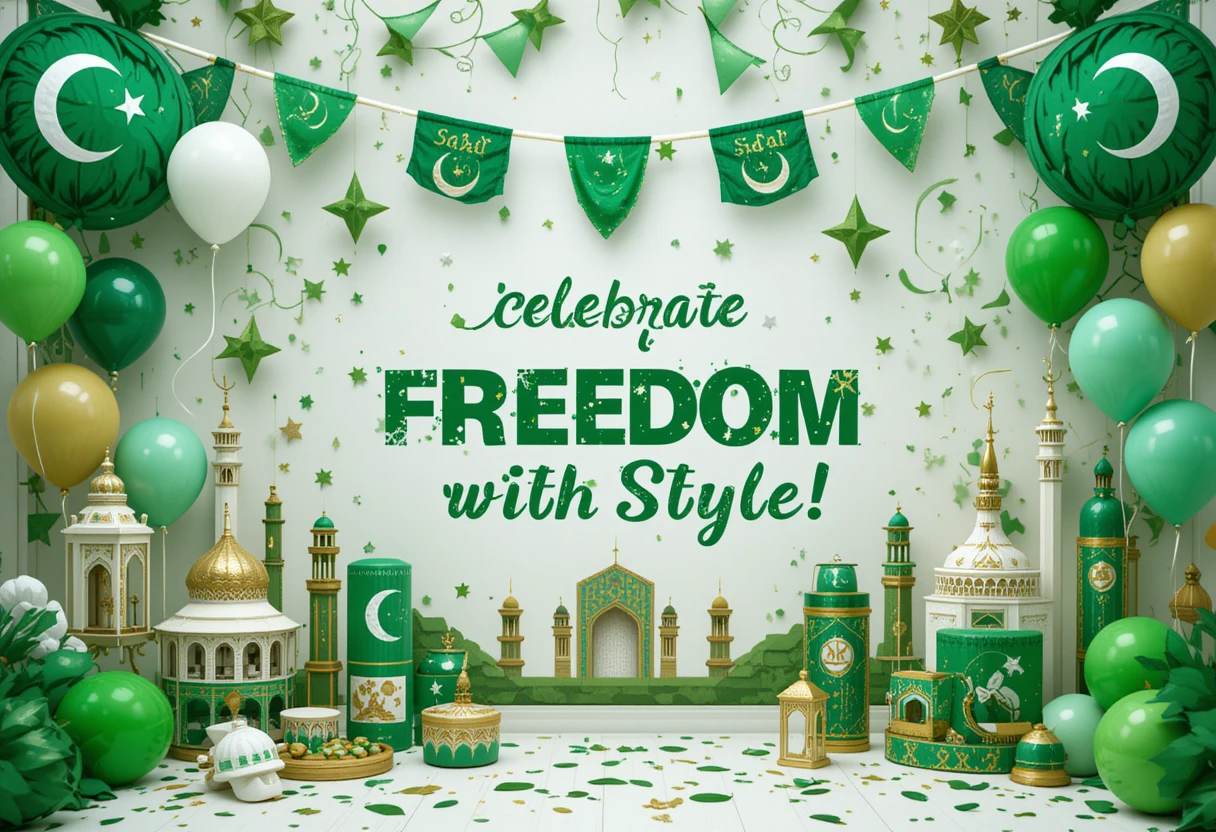 Patriotic 14 August banner with green and white flags, balloons, Minar-e-Pakistan, and product displays under the headline "Celebrate Freedom with Style!