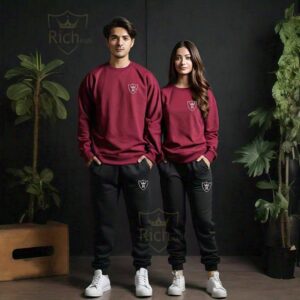 Unisex Fleece Plain Track Suit – Black and Maroon – 2 Piece Winter Set