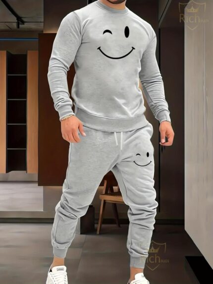 Men's Fleece Graphic Sweatshirt Track Suit – Grey – 2 Piece Set