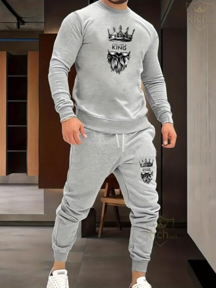 2 Pcs Men's Fleece Graphic Sweatshirt Track Suit – Grey