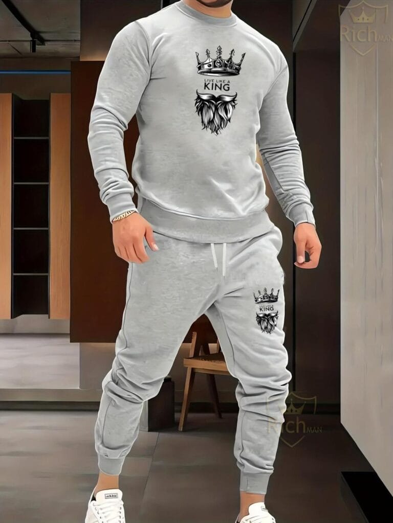 2 Pcs Men's Fleece Graphic Sweatshirt Track Suit – Grey