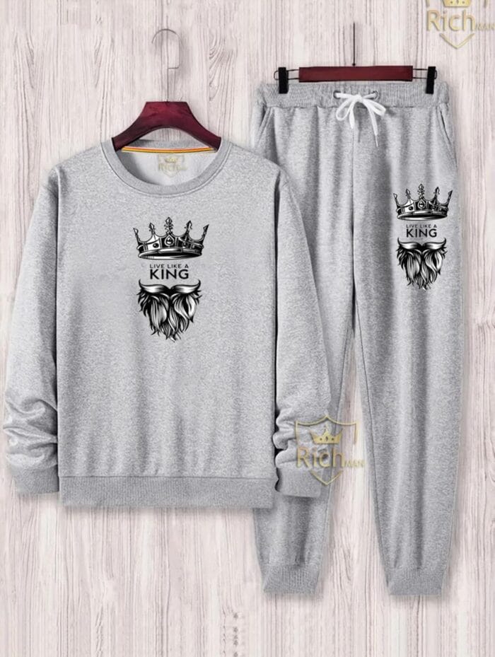 2 Pcs Men's Fleece Graphic Sweatshirt Track Suit – Grey - Image 2