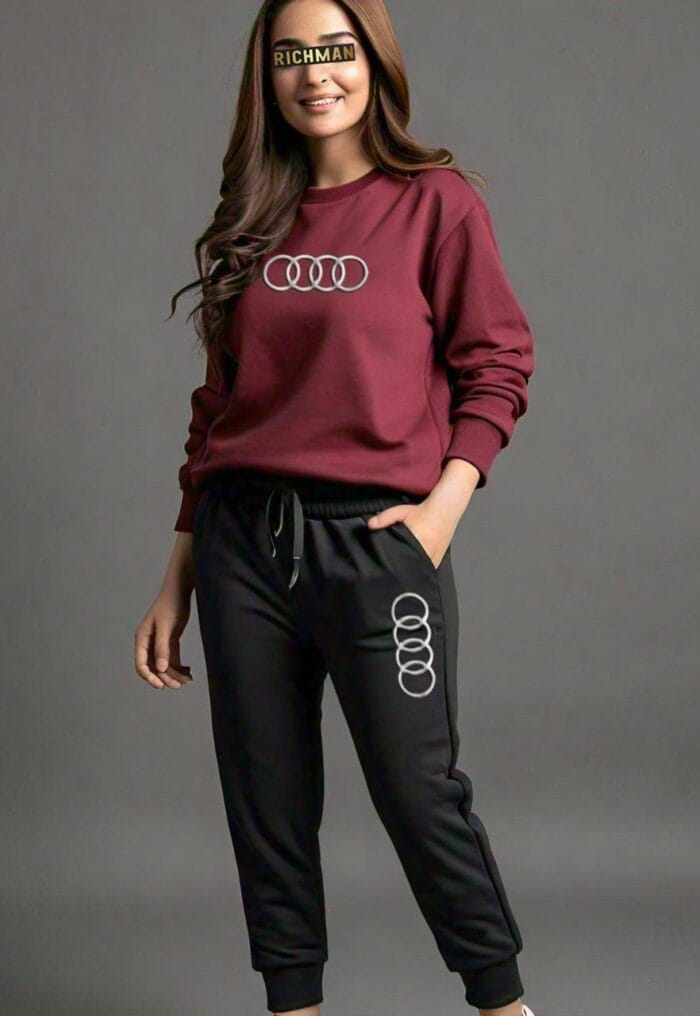 2 Pcs Stylish Fleece Sweatshirt Track Suit – Unisex Plain Set (Brown / Maroon) - Image 6
