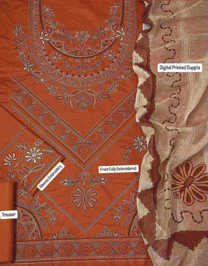 3 Pcs Women’s Unstitched Embroidered Lawn Suit – Golden with Digital Print Dupatta - Image 4