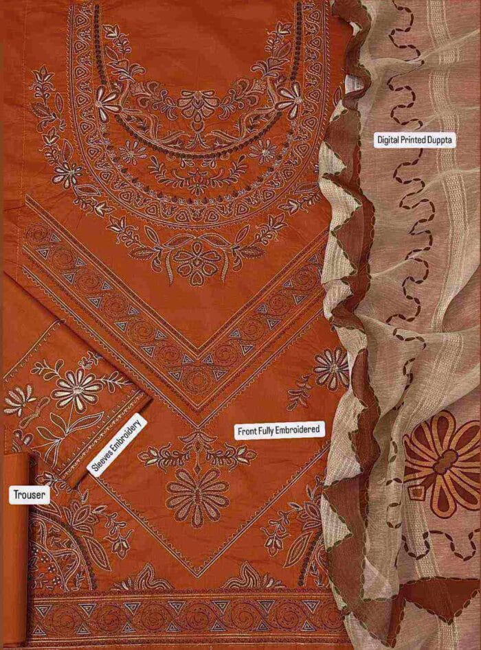 3 Pcs Women’s Unstitched Embroidered Lawn Suit – Golden with Digital Print Dupatta - Image 2