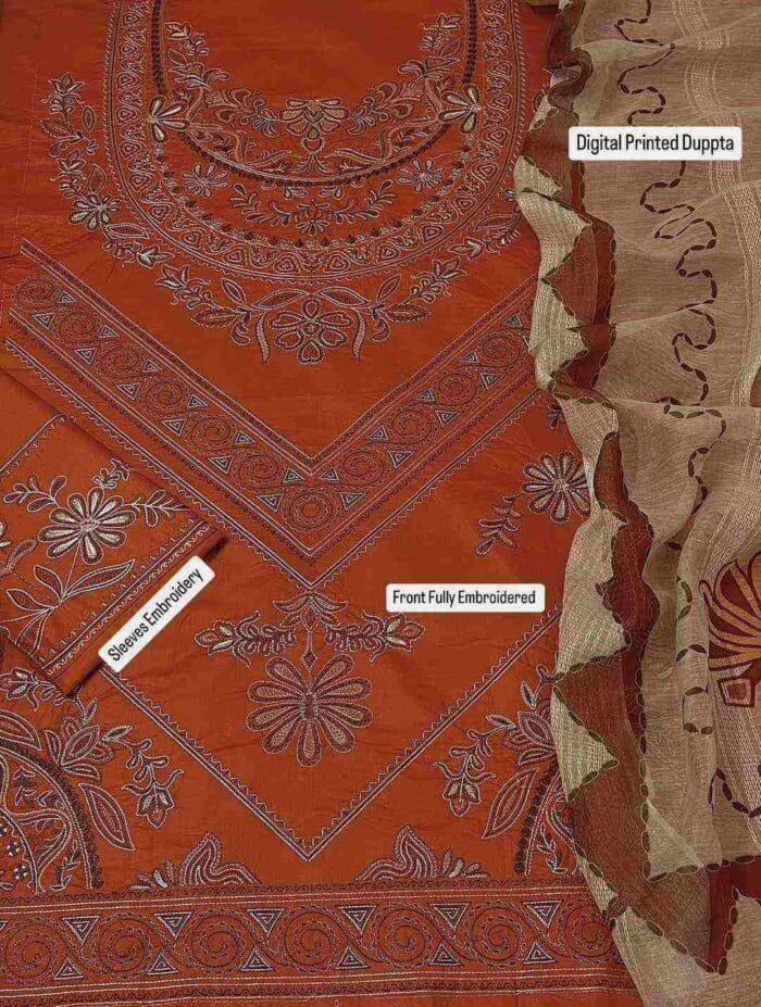 3 Pcs Women’s Unstitched Embroidered Lawn Suit – Golden with Digital Print Dupatta - Image 3