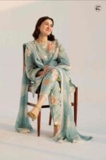 3 Pcs Women's Unstitched Printed Suit – Turquoise Lawn with Embroidered Neck & Daman - Image 2