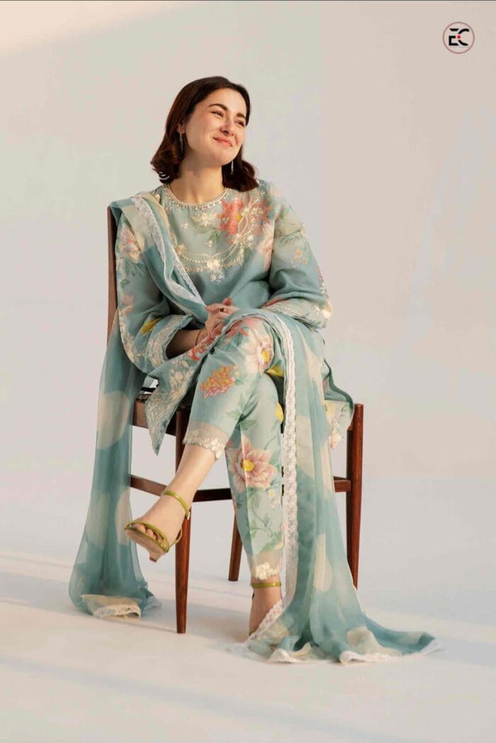 3 Pcs Women's Unstitched Printed Suit – Turquoise Lawn with Embroidered Neck & Daman - Image 2