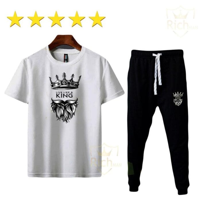 Men's Cotton Printed Track Suit – Round Neck, White & Yellow - Image 3