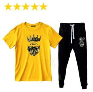 Men's Cotton Printed Track Suit in White and Yellow – Round Neck Sweatshirt and Trouser Set