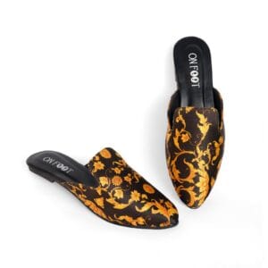 Women’s Fabric Fancy Mules in Off-White & Black – Printed Slip-On Footwear