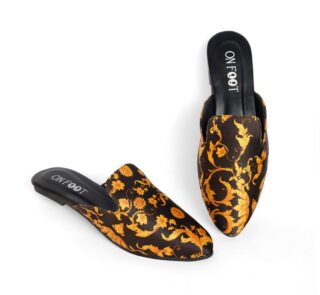 Women’s Fabric Fancy Mules in Off-White & Black – Printed Slip-On Footwear