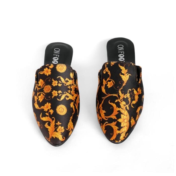 Women's Fabric Fancy Mules – Printed Slip-On in Off-White & Black - Image 2
