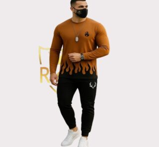 2 Pcs Men's Micro Printed Track Suit – Round Neck Brown & Grey