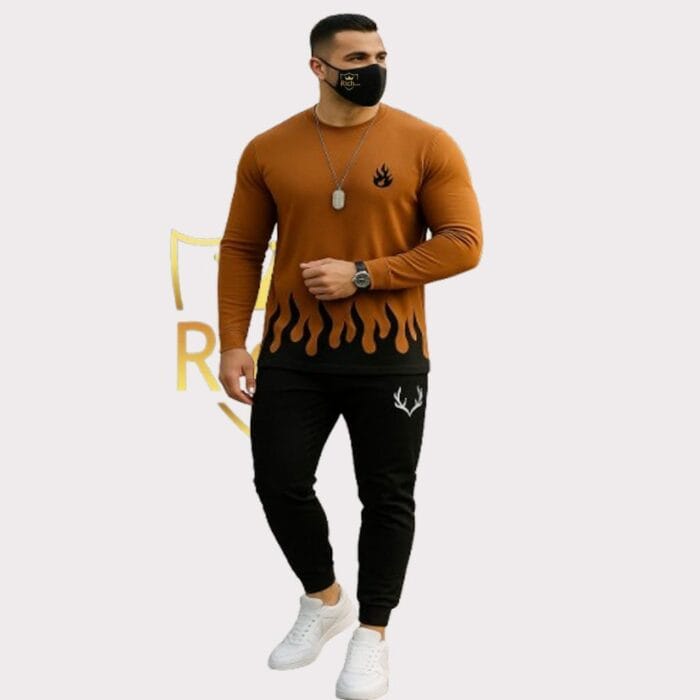 2 Pcs Men's Micro Printed Track Suit – Round Neck Brown & Grey