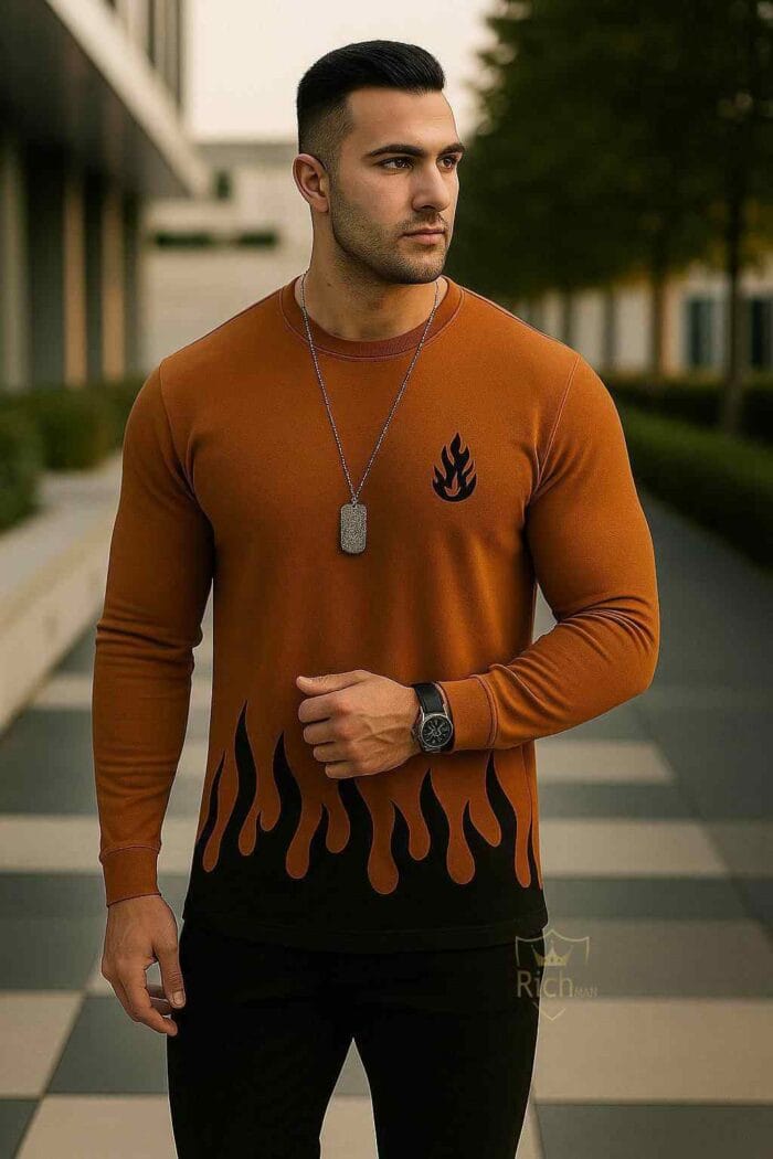 2 Pcs Men's Micro Printed Track Suit – Round Neck Brown & Grey - Image 2