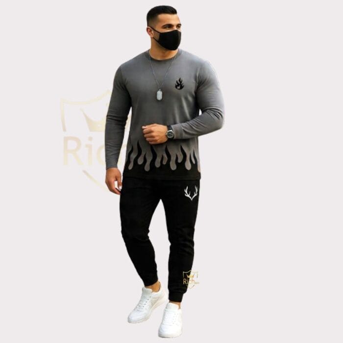 2 Pcs Men's Micro Printed Track Suit – Round Neck Brown & Grey - Image 3