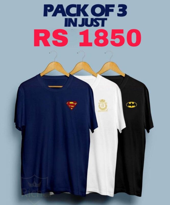 Cotton Jersey Printed Crew Neck T-Shirt – Pack of 3 – White Blue Black