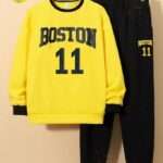 2 Pcs Unisex Fleece Printed Sweatshirt Track Suit – Yellow & Black Winter Wear for Men & Women