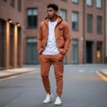 Men’s Fleece Printed Hoodie Track Suit – Brown – Warm Winter Outfit